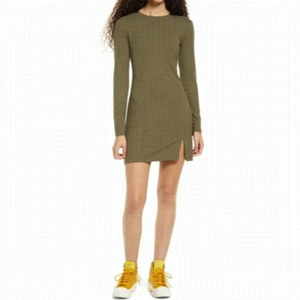 BP Women Fitted Ribbed Olive Dress BNWOT Sz XSmall Front Slit Long Sleeve